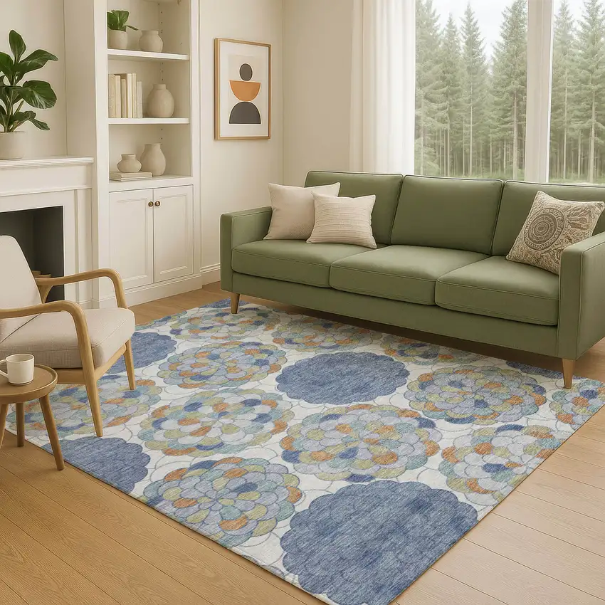 Denim Blue And Silver Floral Washable Indoor Outdoor Area Rug Photo 5
