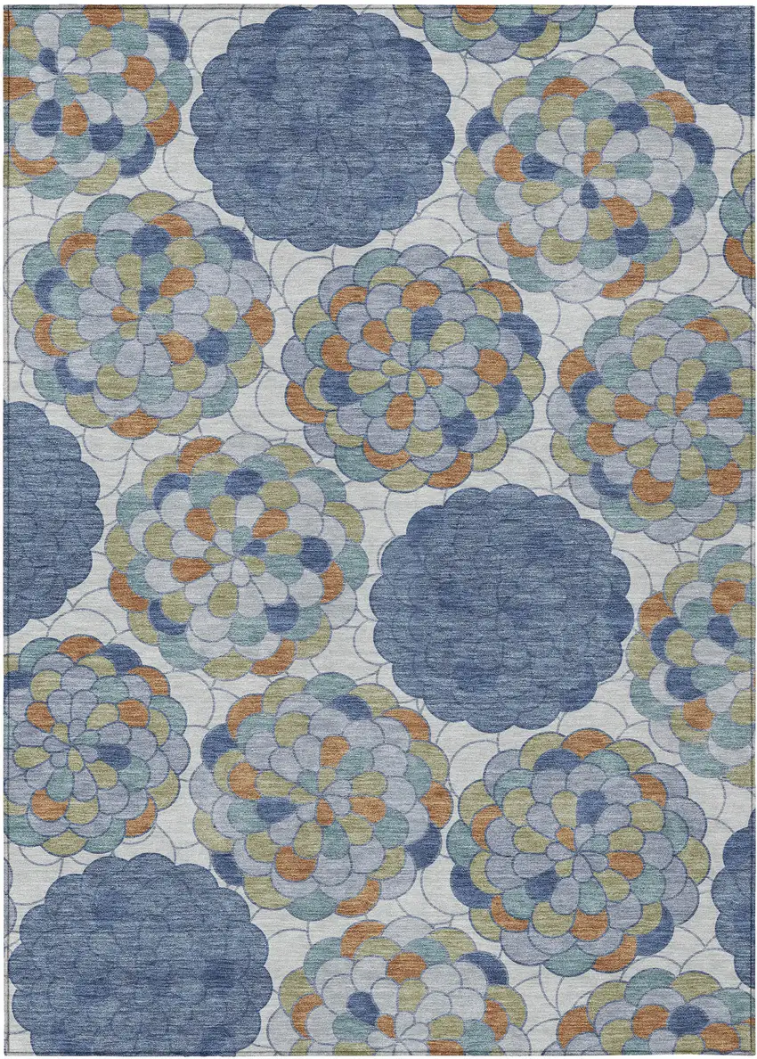Denim Blue And Silver Floral Washable Indoor Outdoor Area Rug Photo 1