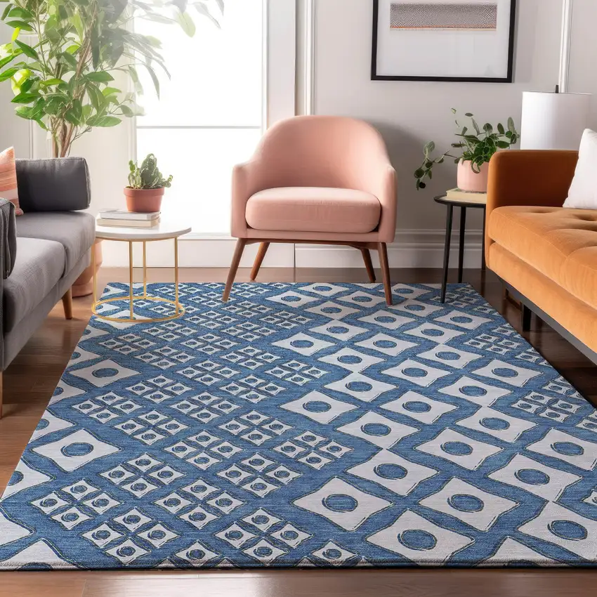 Denim Blue And Silver Geometric Washable Area Rug With UV Protection Photo 6