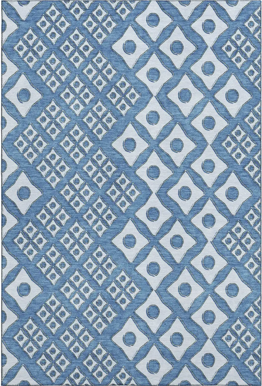 Denim Blue And Silver Geometric Washable Area Rug With UV Protection Photo 2