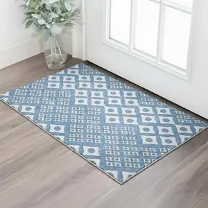 Photo of Denim Blue And Silver Geometric Washable Area Rug With UV Protection
