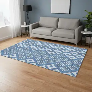 Photo of Denim Blue And Silver Geometric Washable Area Rug With UV Protection