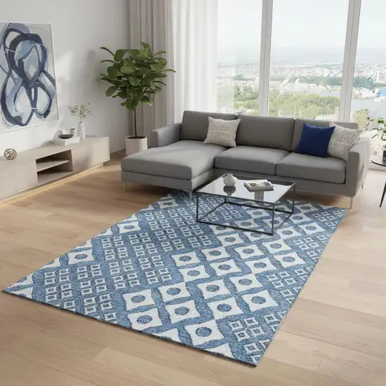 Denim Blue And Silver Geometric Washable Area Rug With UV Protection Photo 1