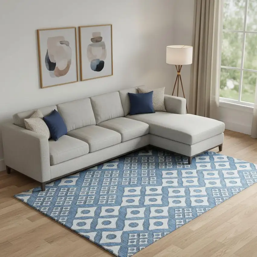 Denim Blue And Silver Geometric Washable Area Rug With UV Protection Photo 1