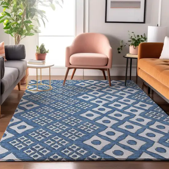 Denim Blue And Silver Geometric Washable Area Rug With UV Protection Photo 6