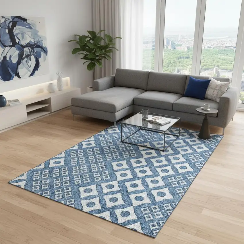 Denim Blue And Silver Geometric Washable Area Rug With UV Protection Photo 1