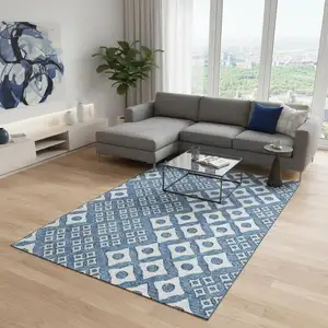 Photo of Denim Blue And Silver Geometric Washable Area Rug With UV Protection