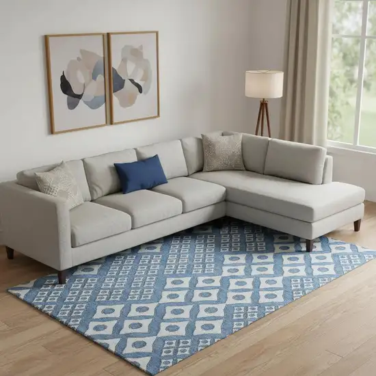 Denim Blue And Silver Geometric Washable Area Rug With UV Protection Photo 1