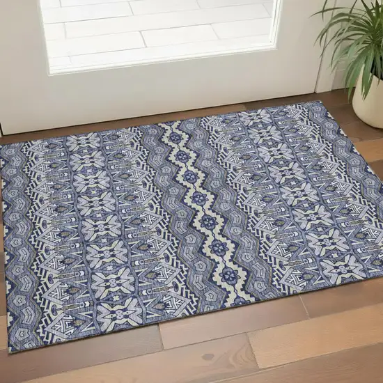 Denim Blue And Silver Moroccan Washable Area Rug With UV Protection Photo 1