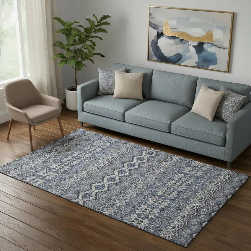 Denim Blue And Silver Moroccan Washable Area Rug With UV Protection Photo 1