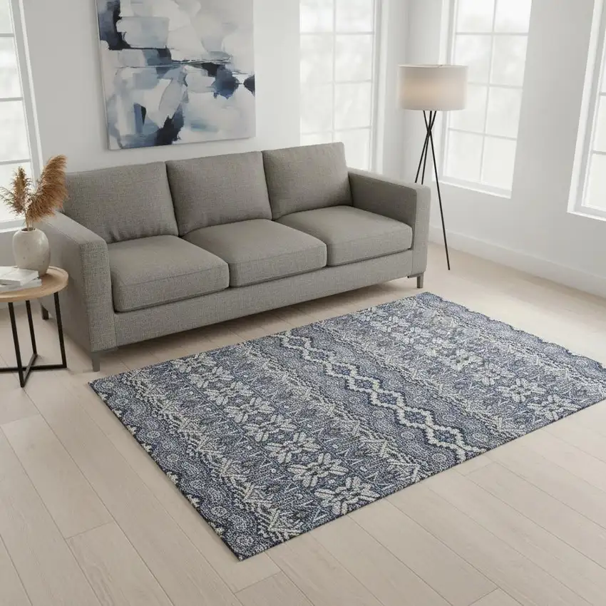 Denim Blue And Silver Moroccan Washable Area Rug With UV Protection Photo 2