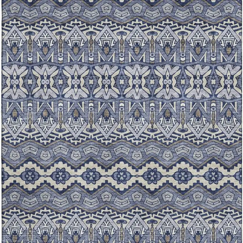 Denim Blue And Silver Moroccan Washable Area Rug With UV Protection Photo 4