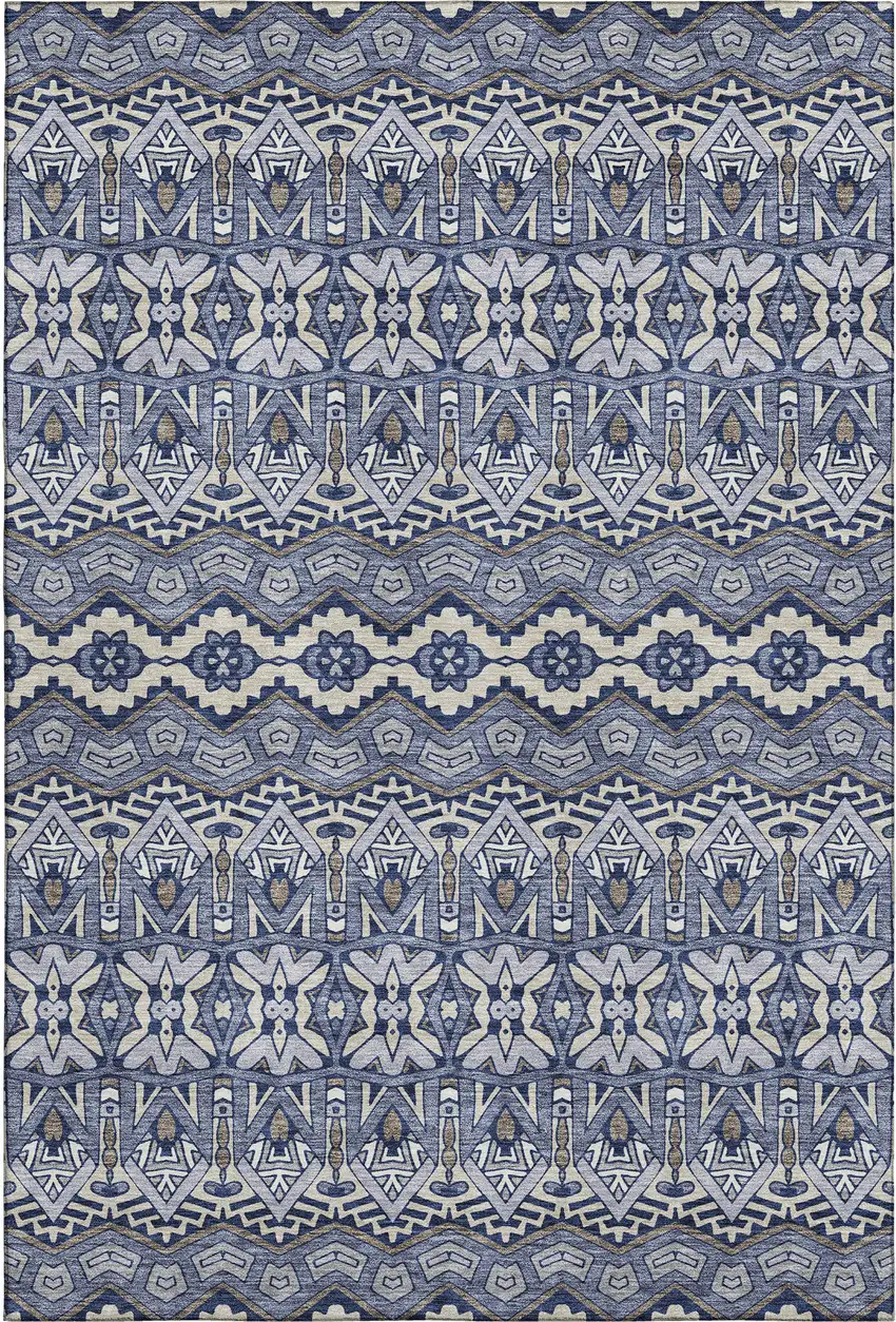 Denim Blue And Silver Moroccan Washable Area Rug With UV Protection Photo 1