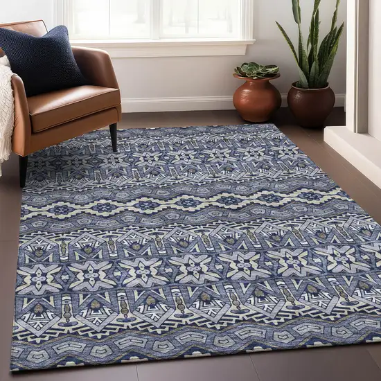 Denim Blue And Silver Moroccan Washable Area Rug With UV Protection Photo 4