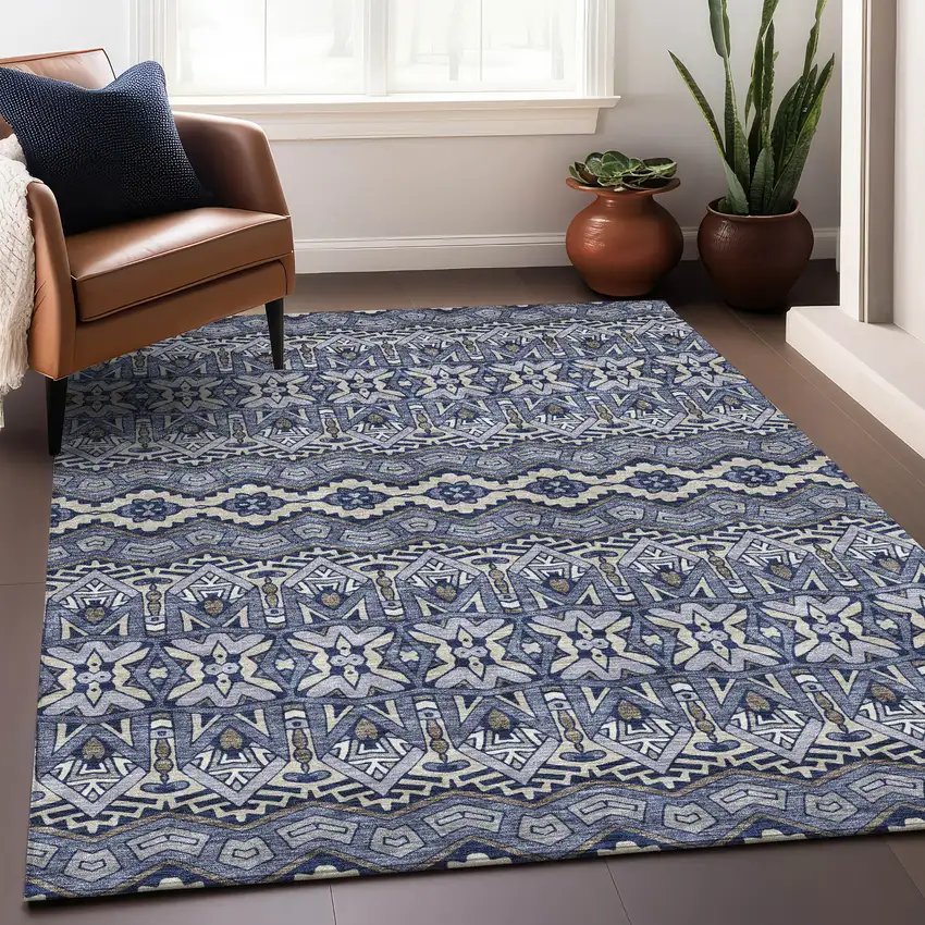 Denim Blue And Silver Moroccan Washable Area Rug With UV Protection Photo 4