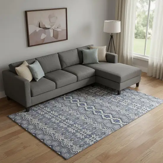 Denim Blue And Silver Moroccan Washable Area Rug With UV Protection Photo 1