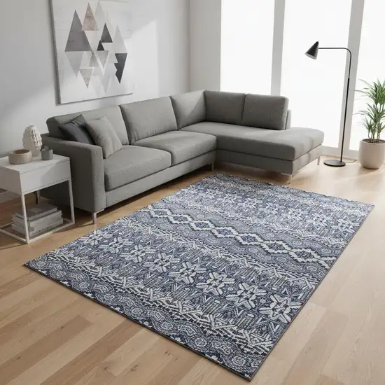 Denim Blue And Silver Moroccan Washable Area Rug With UV Protection Photo 2