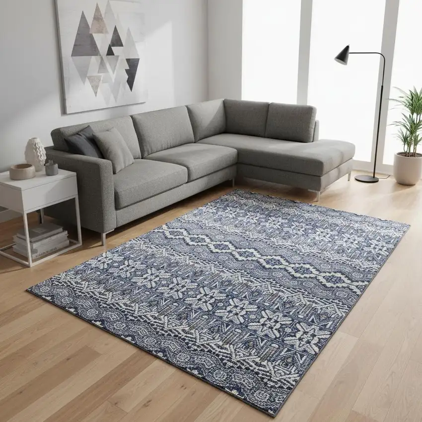 Denim Blue And Silver Moroccan Washable Area Rug With UV Protection Photo 2