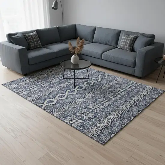 Denim Blue And Silver Moroccan Washable Area Rug With UV Protection Photo 2