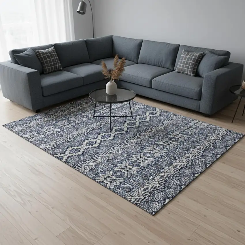 Denim Blue And Silver Moroccan Washable Area Rug With UV Protection Photo 2