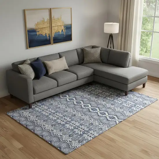 Denim Blue And Silver Moroccan Washable Area Rug With UV Protection Photo 1