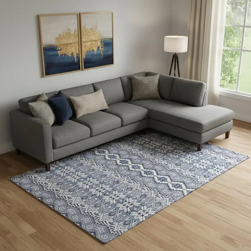 Denim Blue And Silver Moroccan Washable Area Rug With UV Protection Photo 1