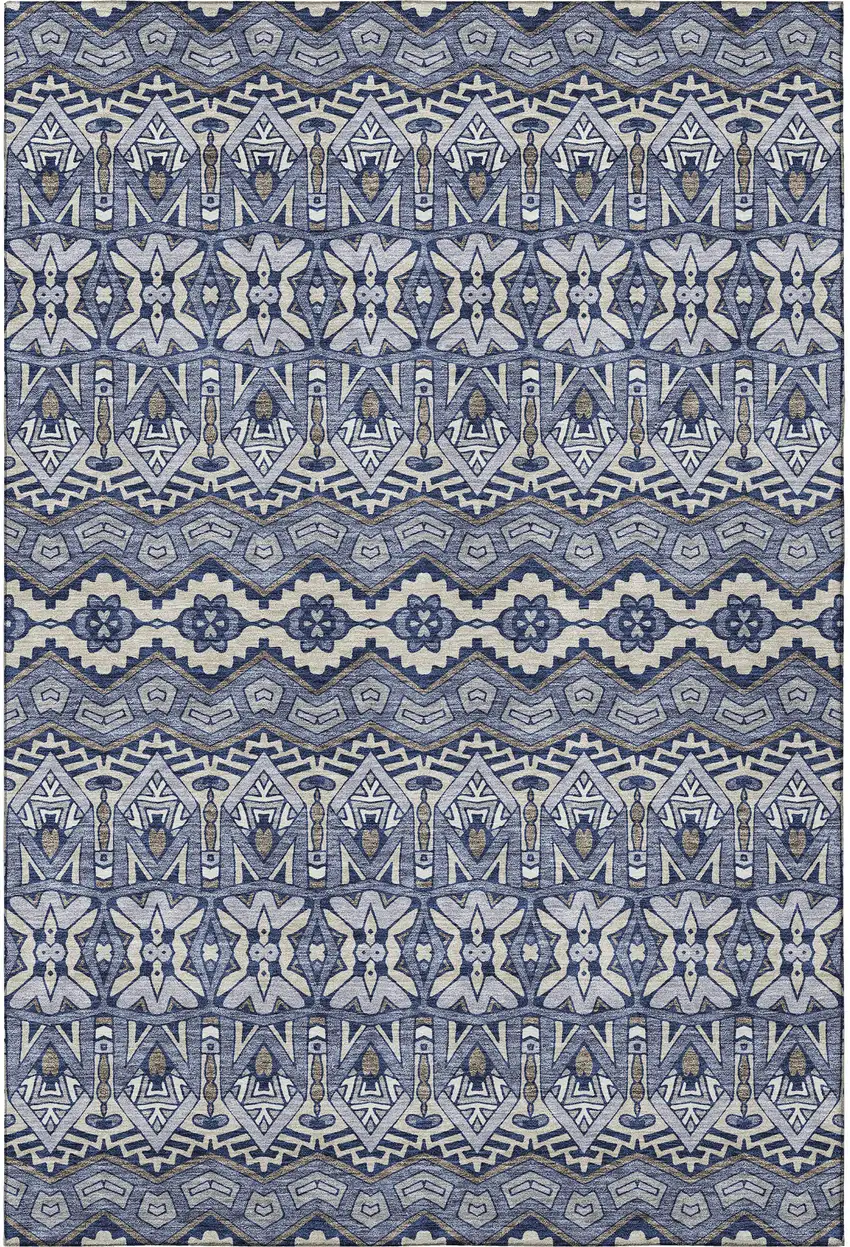 Denim Blue And Silver Moroccan Washable Area Rug With UV Protection Photo 4