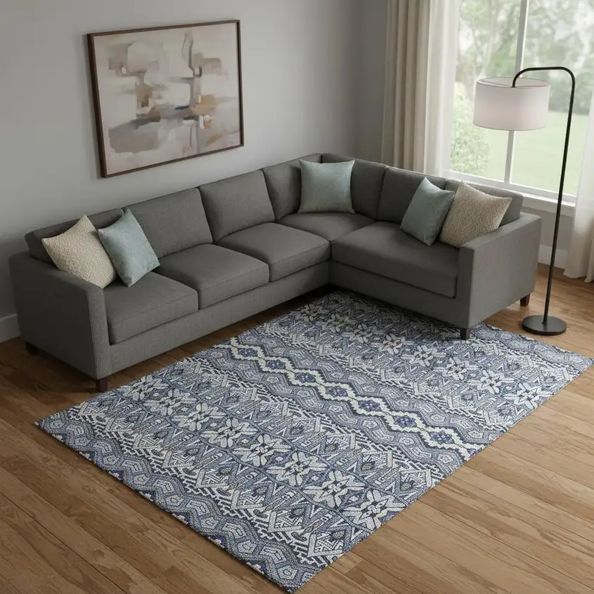 Denim Blue And Silver Moroccan Washable Area Rug With UV Protection Photo 1