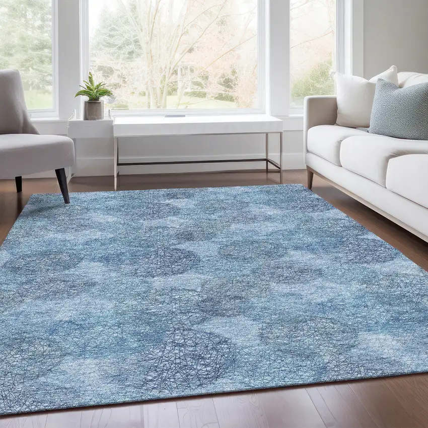 Denim Blue And Sky Blue Abstract Washable Area Rug With UV Protection Photo 4