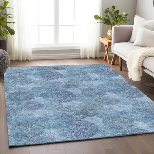 Photo of Denim Blue And Sky Blue Abstract Washable Area Rug With UV Protection