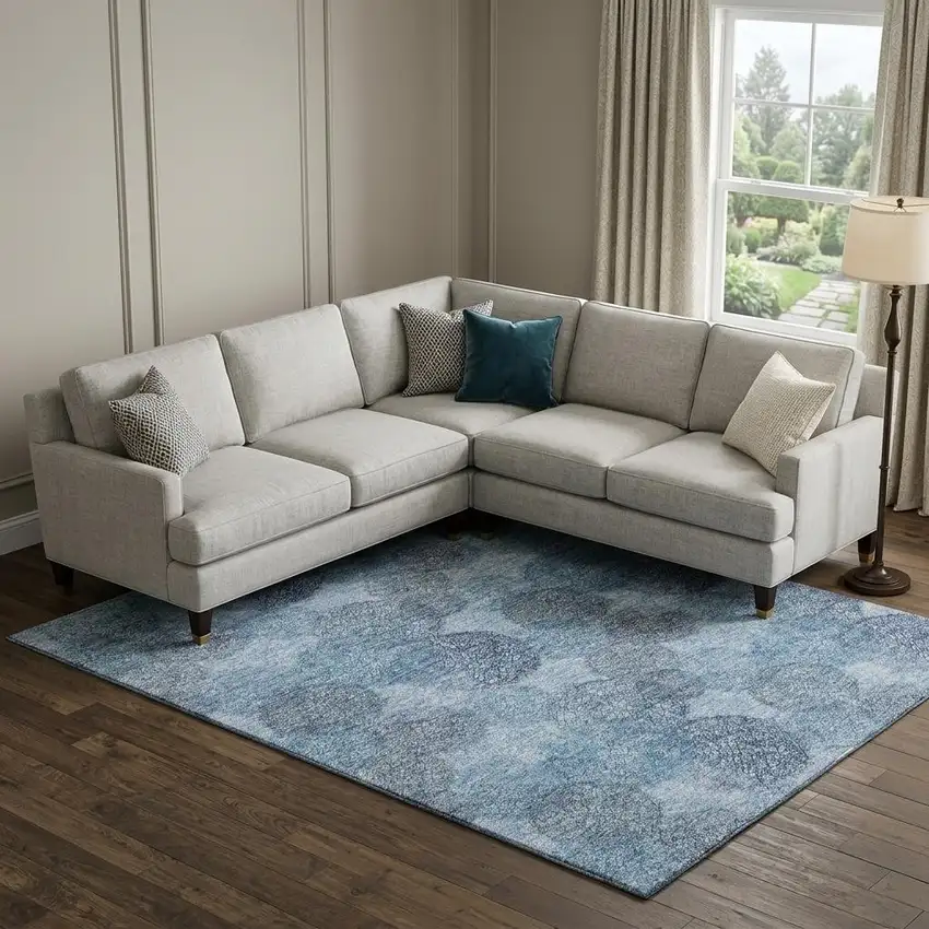 Denim Blue And Sky Blue Abstract Washable Area Rug With UV Protection Photo 1