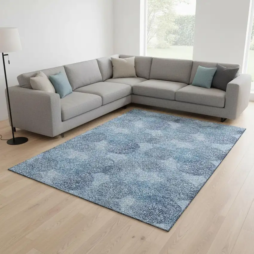 Denim Blue And Sky Blue Abstract Washable Area Rug With UV Protection Photo 2