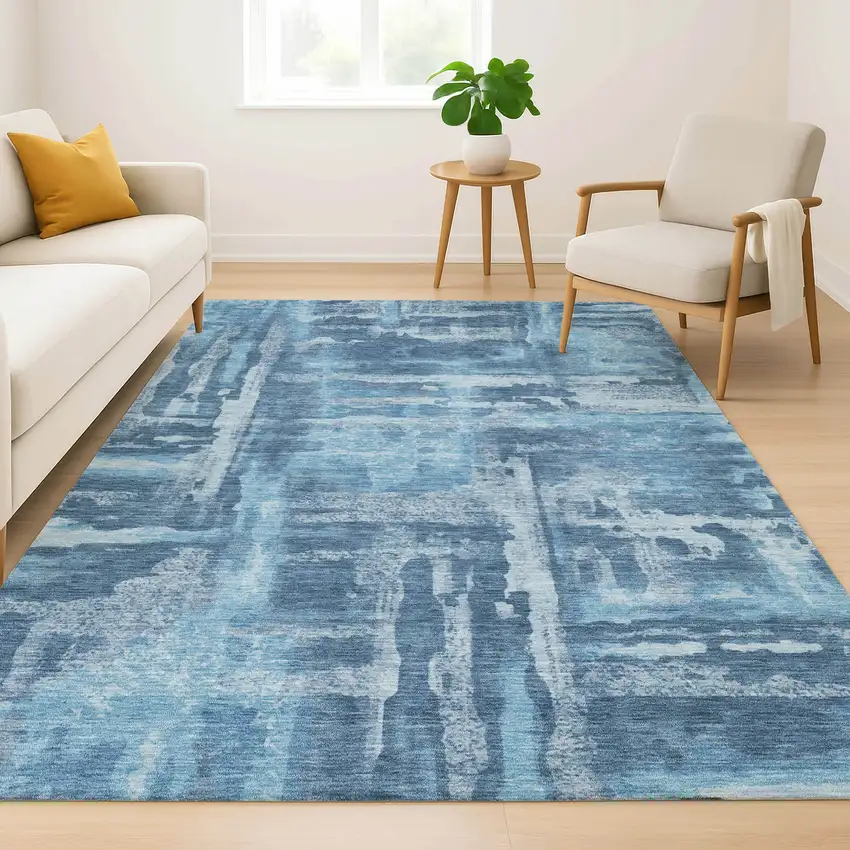 Denim Blue And Sky Blue Abstract Washable Area Rug With UV Protection Photo 6