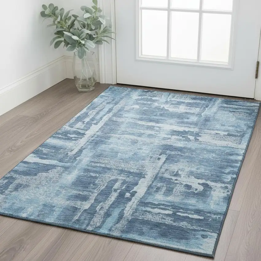 Denim Blue And Sky Blue Abstract Washable Area Rug With UV Protection Photo 2