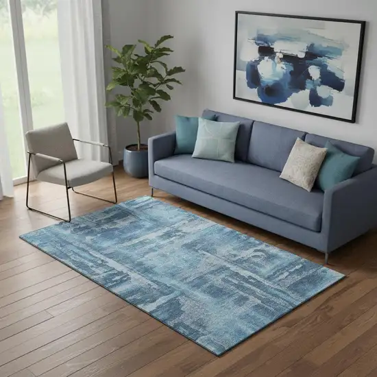 Denim Blue And Sky Blue Abstract Washable Area Rug With UV Protection Photo 2