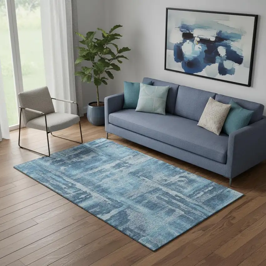 Denim Blue And Sky Blue Abstract Washable Area Rug With UV Protection Photo 2