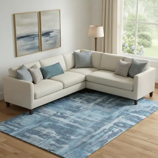 Denim Blue And Sky Blue Abstract Washable Area Rug With UV Protection Photo 2