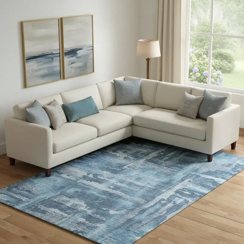 Denim Blue And Sky Blue Abstract Washable Area Rug With UV Protection Photo 2