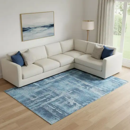 Denim Blue And Sky Blue Abstract Washable Area Rug With UV Protection Photo 2