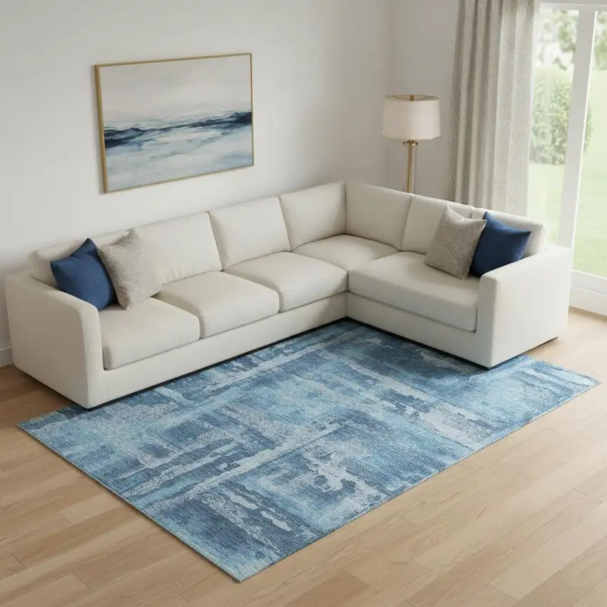 Denim Blue And Sky Blue Abstract Washable Area Rug With UV Protection Photo 2
