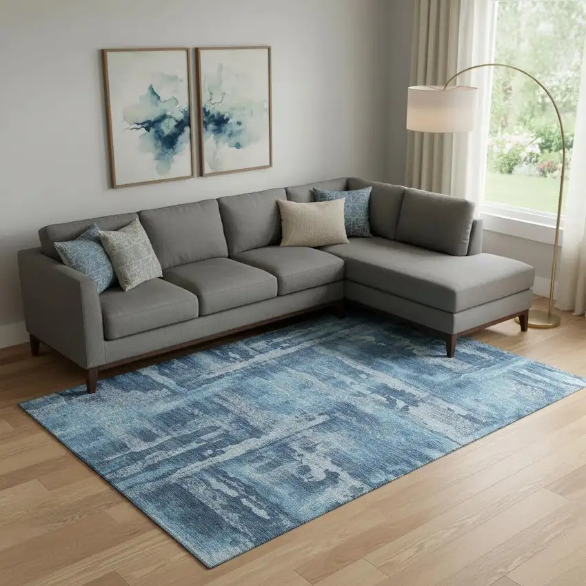 Denim Blue And Sky Blue Abstract Washable Area Rug With UV Protection Photo 2