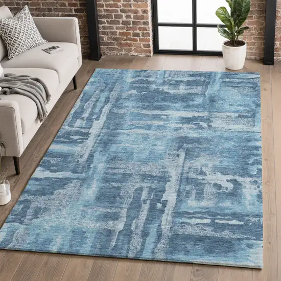 Denim Blue And Sky Blue Abstract Washable Area Rug With UV Protection Photo 5