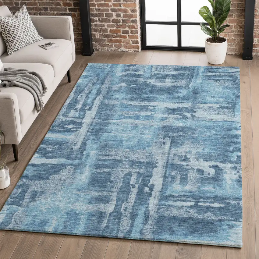 Denim Blue And Sky Blue Abstract Washable Area Rug With UV Protection Photo 5