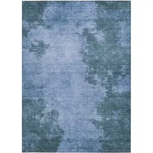 Photo of Denim Blue And Sky Blue Abstract Washable Indoor Outdoor Area Rug