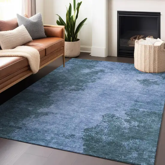 Denim Blue And Sky Blue Abstract Washable Indoor Outdoor Area Rug Photo 6