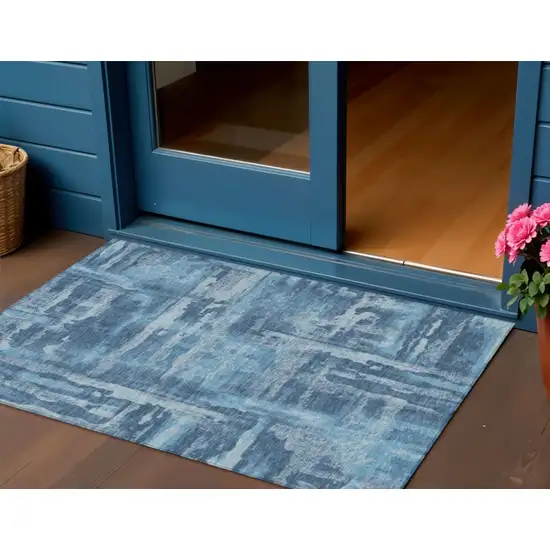 Denim Blue And Sky Blue Abstract Washable Indoor Outdoor Area Rug Photo 3
