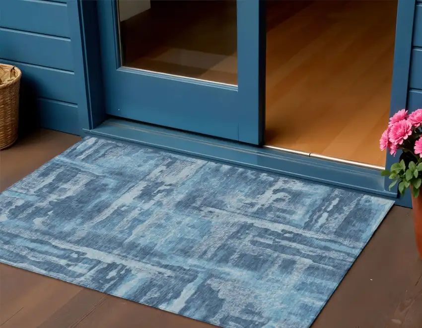 Denim Blue And Sky Blue Abstract Washable Indoor Outdoor Area Rug Photo 3
