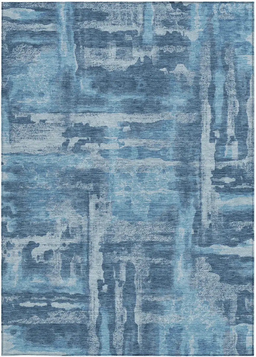 Denim Blue And Sky Blue Abstract Washable Indoor Outdoor Area Rug Photo 1
