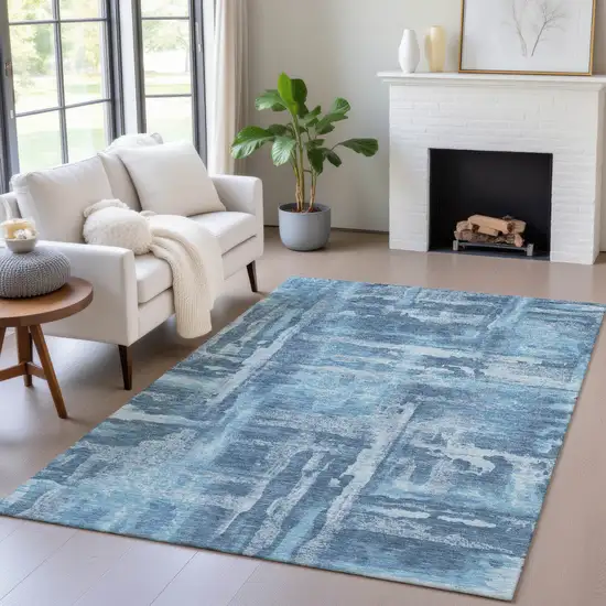 Denim Blue And Sky Blue Abstract Washable Indoor Outdoor Area Rug Photo 4