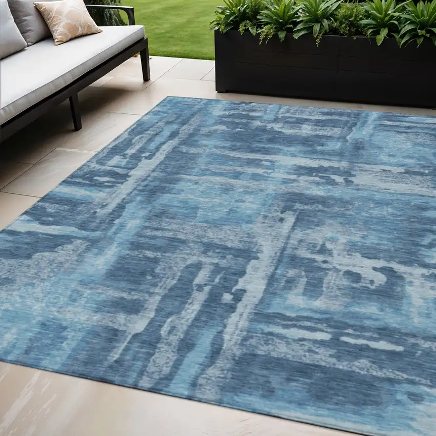 Denim Blue And Sky Blue Abstract Washable Indoor Outdoor Area Rug Photo 2